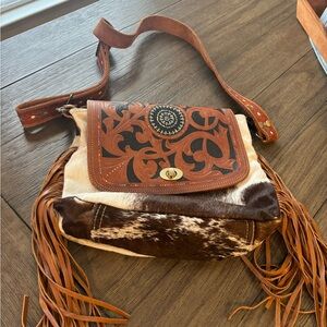 Myra Bag Brown and Cream Crossbody with Fringe